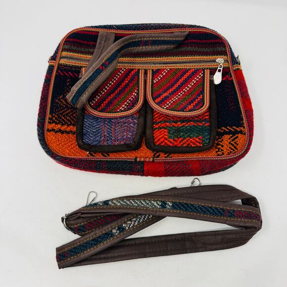 Handmade Multicolor Tweed Shoulder Bag Boho Woven Purse with Front Pockets - Picture 7 of 9